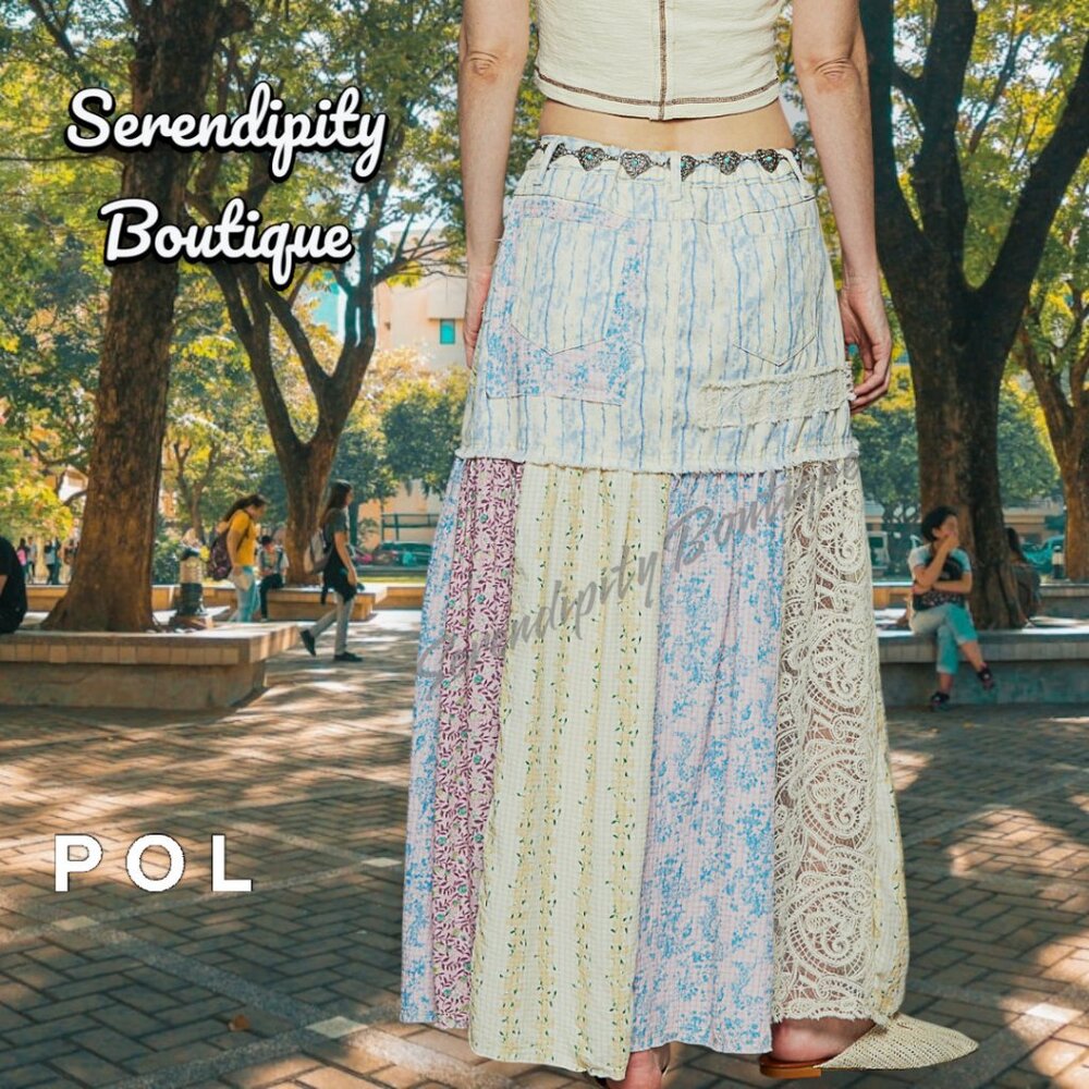 POL Denim Lace & Floral Flowy Baggy Mixed Fabric Cotton Twill Maxi Jean Skirt - Picture 2 of 13